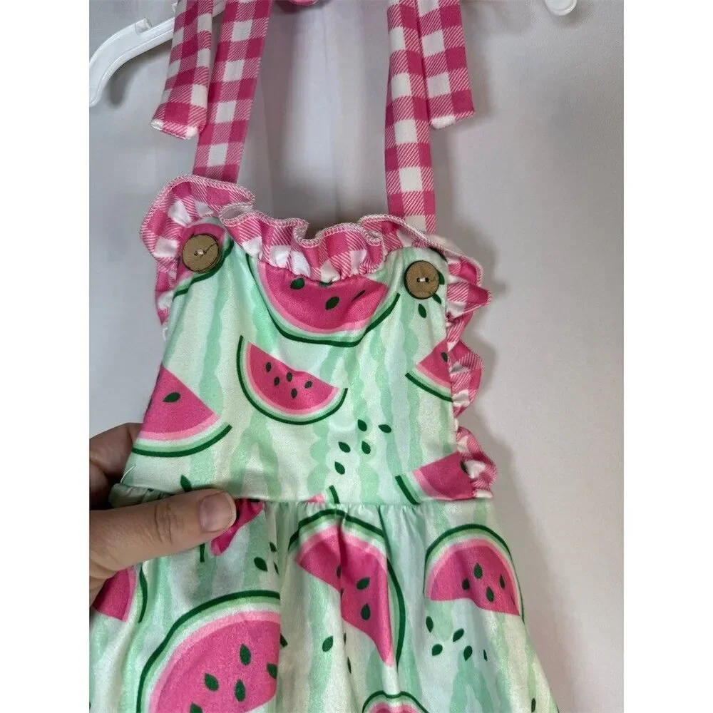 Baby Girl Watermelon Print Romper Dress Pink Gingham Ruffles Tie Straps